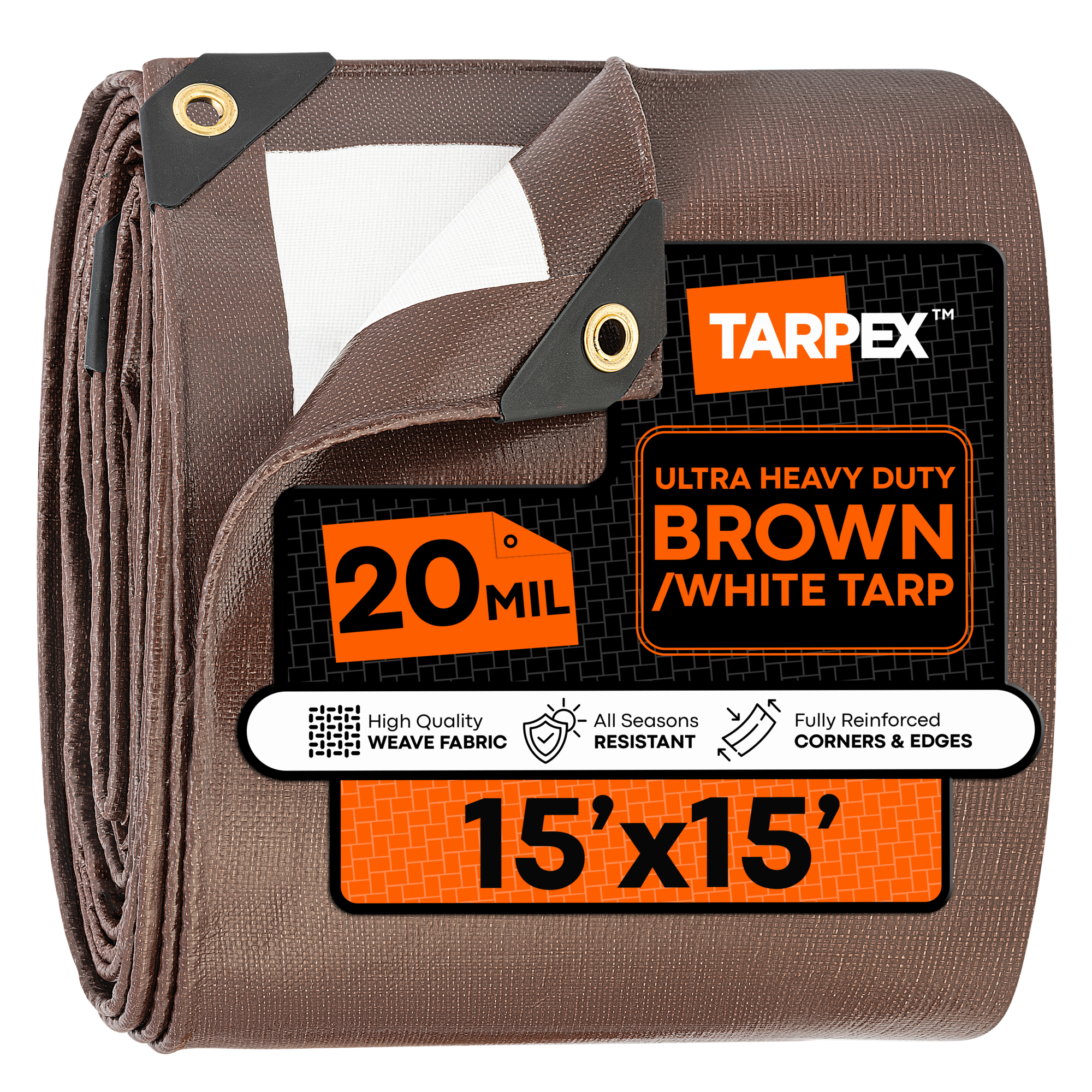 TARPEX 15' x 15' Brown/White Ultra Heavy-Duty 20 Mil Tarp – Waterproof, UV-Treated, Reinforced Edges, Aluminum Grommets